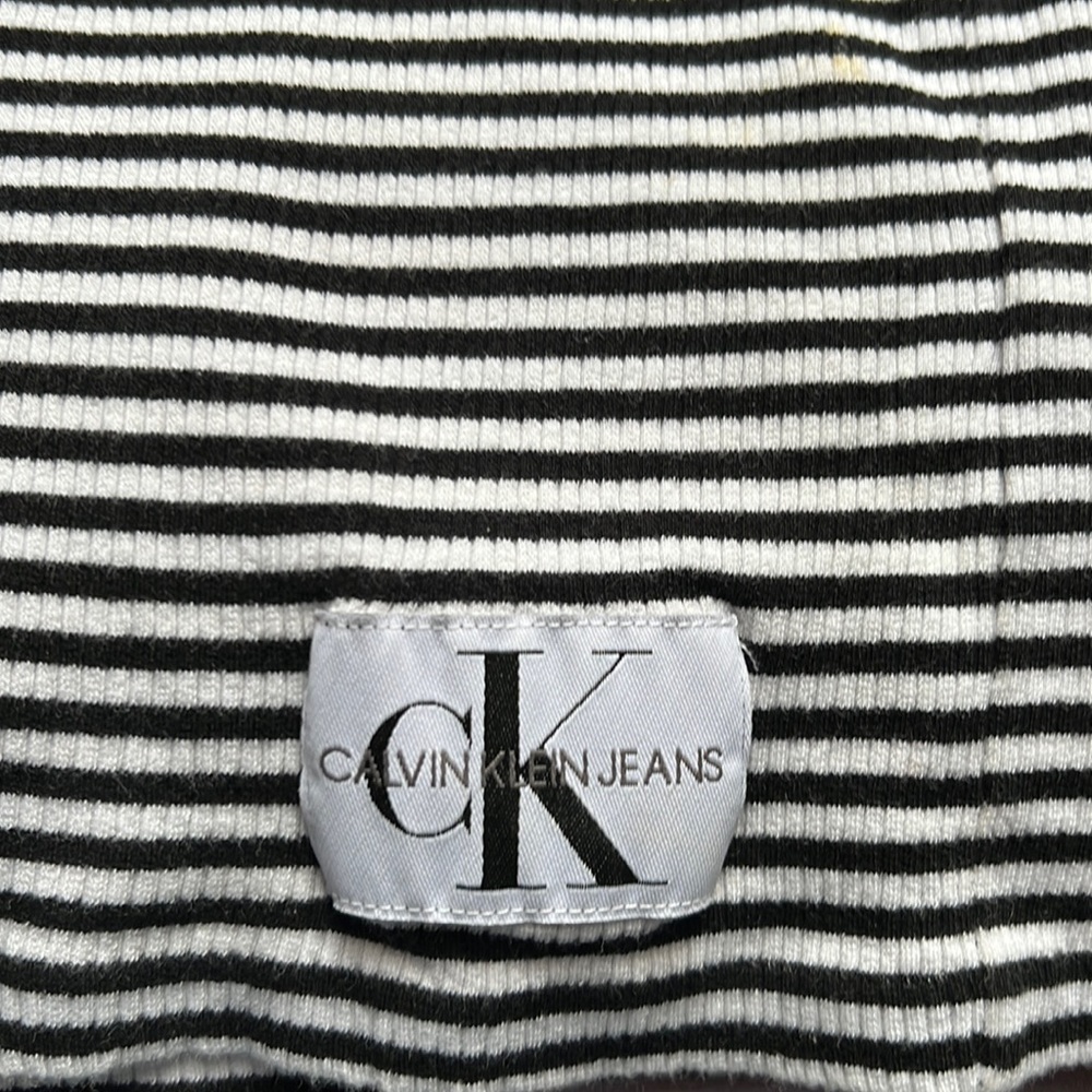 Calvin Klein black and white horizontal striped long sleeve dress